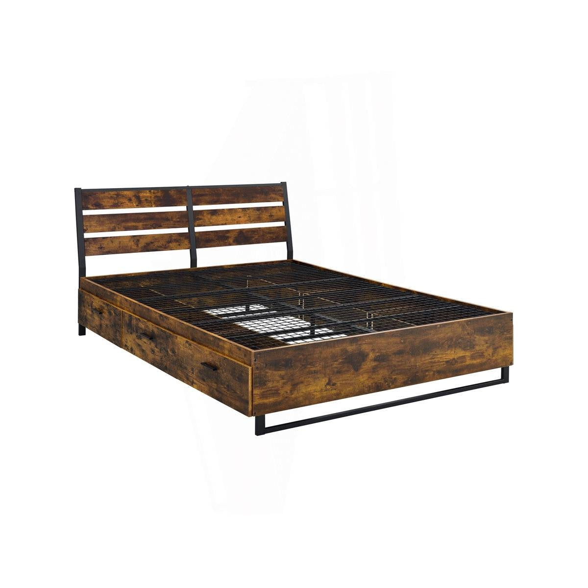 King Size Industrial Slatted Headboard Platform Bed Frame with 6 Storage Drawers in rustic oak and black finish