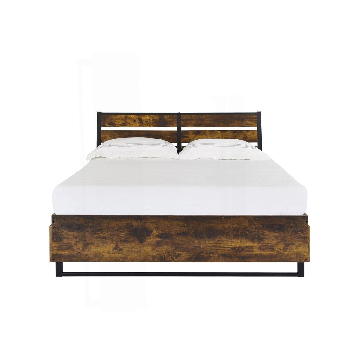 King Size Industrial Slatted Headboard Platform Bed Frame with 6 Storage Drawers, rustic oak and black finish, front view