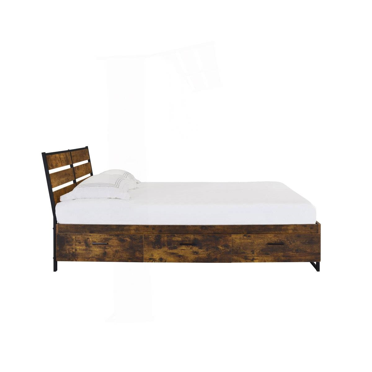 King Size Industrial Slatted Headboard Platform Bed Frame with 6 Storage Drawers in rustic oak finish with mattress