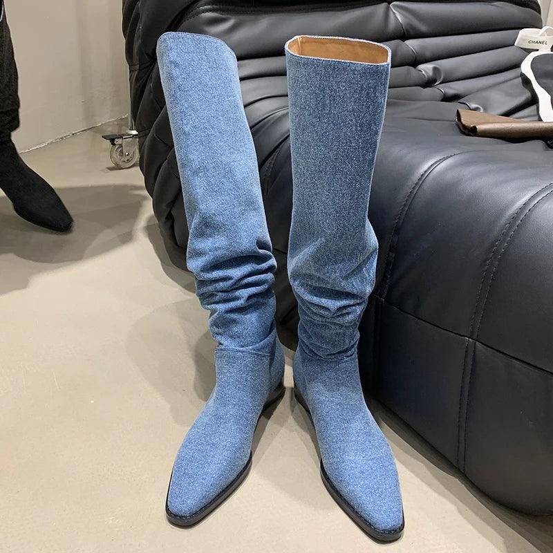 Women’s Denim Knee High Boots - Casual Cowboy Style with low heel in blue denim, perfect for modern cowgirl fashion.