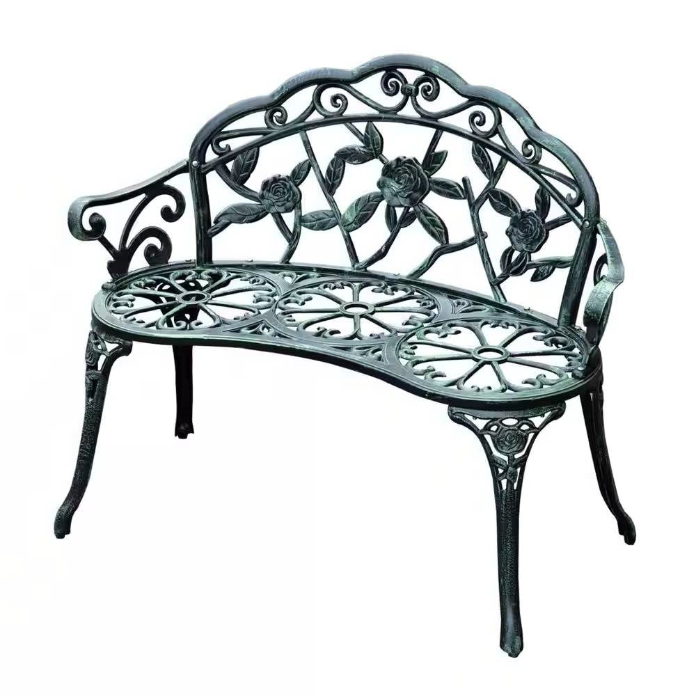 Outdoor Patio 40-inch Garden Bench with Backrest in Antique Green Metal Finish, cast aluminum design
