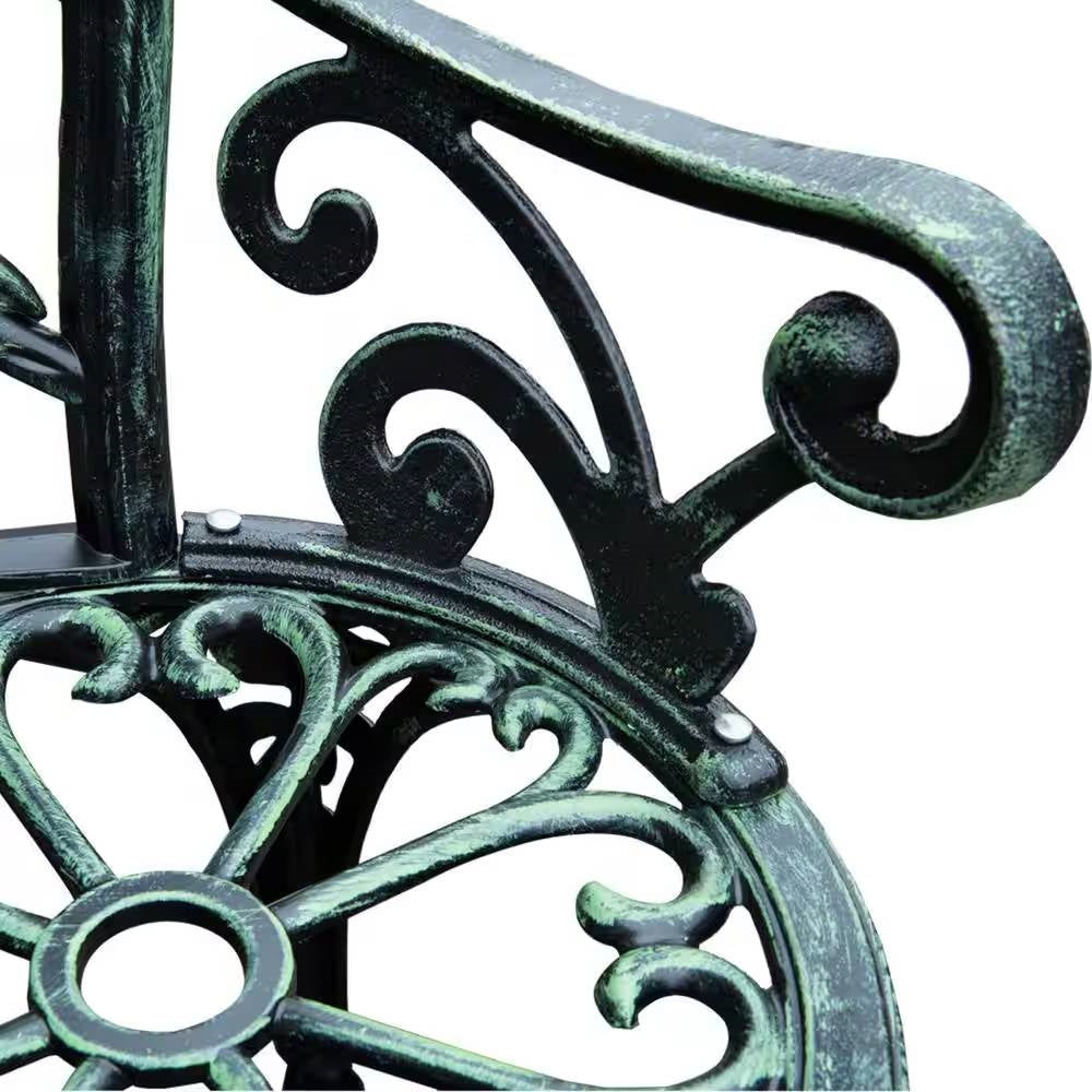 Decorative detail of Outdoor Patio 40-inch Garden Bench with Backrest in Antique Green Metal Finish.