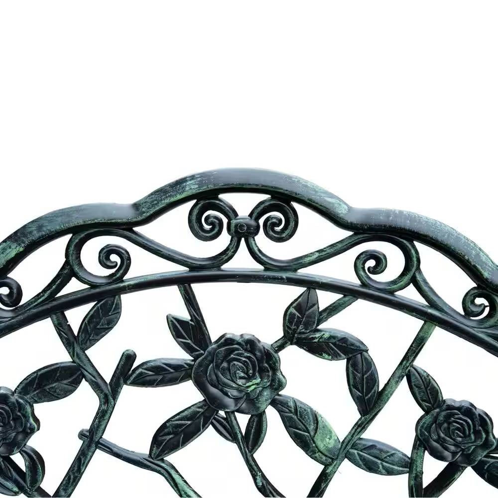 Decorative backrest of Outdoor Patio 40-inch Garden Bench with Backrest in Antique Green Metal Finish featuring floral design.
