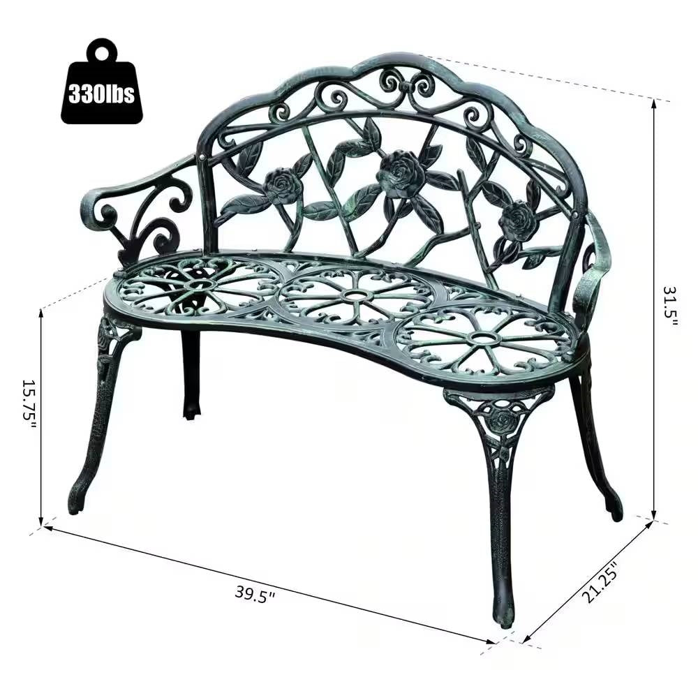 Outdoor Patio 40-inch Garden Bench with Backrest in Antique Green Metal Finish, showing dimensions and 330lbs weight capacity.