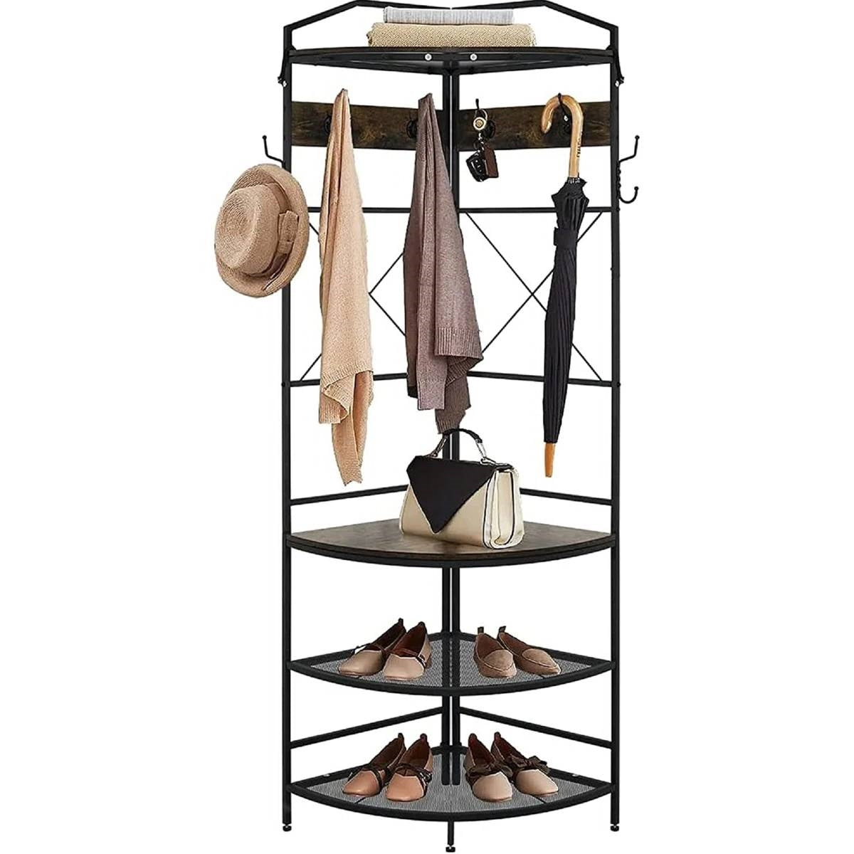 Modern Corner Entryway Hall Tree Shoe Storage Bench Coat Rack with coats, hats, and shoes neatly organized on shelves and hooks.