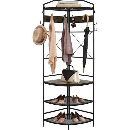 Modern Corner Entryway Hall Tree Shoe Storage Bench Coat Rack with coats, hats, and shoes neatly organized on shelves and hooks.