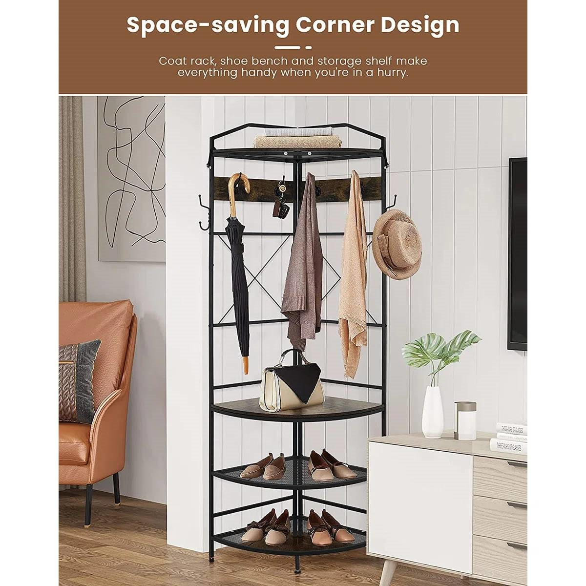 Modern Corner Entryway Hall Tree Shoe Storage Bench Coat Rack in living room corner with shoes and coats organized.
