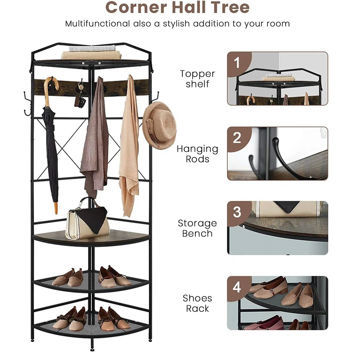 Modern Corner Entryway Hall Tree Shoe Storage Bench Coat Rack with hanging rods and shoe rack, perfect for organizing entryway