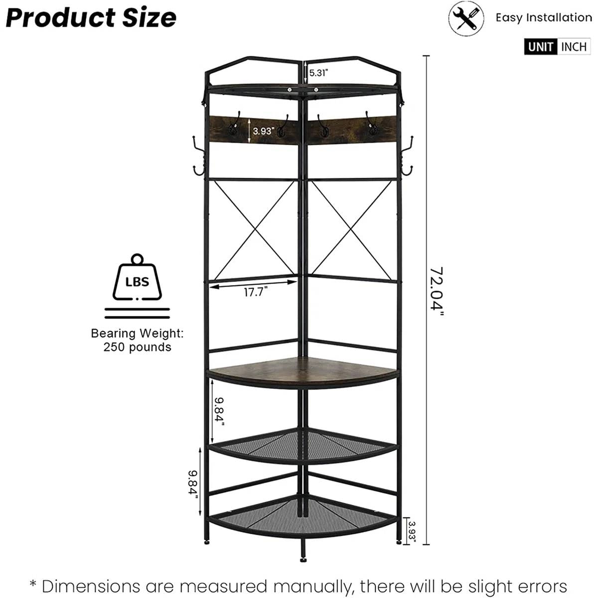 Dimensions of Modern Corner Entryway Hall Tree Shoe Storage Bench Coat Rack, featuring multiple shelves and coat hooks, 72 inches tall.
