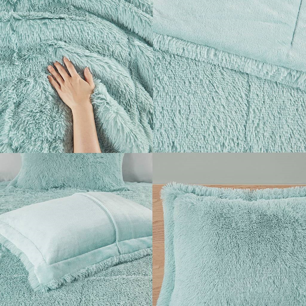 Twin/Twin XL Soft Sherpa Faux Fur 2-Piece Comforter Set in Light Teal Blue with shaggy texture and plush reverse shown in four views.