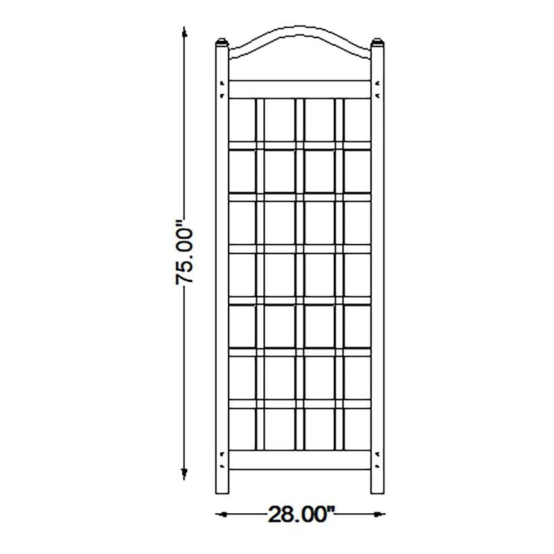 Dimensions diagram of the 76-inch Tall Mocha Tan Brown Vinyl Garden Trellis showing 75 inches in height and 28 inches in width.