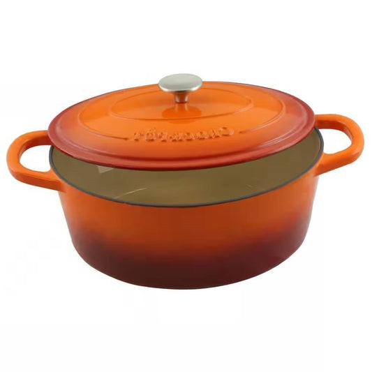 Orange Red Sunbust 7-Quart Enameled Cast Iron Dutch Oven with Lid featuring self-basting design and heat-retaining properties.