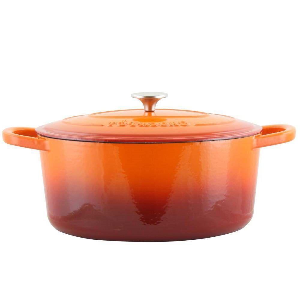 Orange Red Sunbust 7-Quart Enameled Cast Iron Dutch Oven with Lid featuring self-basting lid and stainless knobs