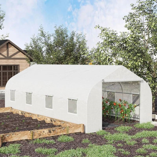 19.5 Ft x 9.8 Ft Outdoor Greenhouse w/ White PE Cover and Heavy Duty Steel Frame in a garden setting.