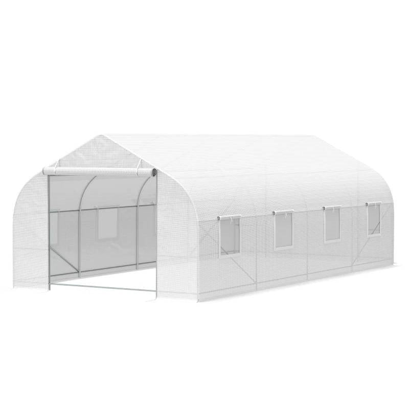 19.5 Ft x 9.8 Ft Outdoor Greenhouse w/ White PE Cover and Heavy Duty Steel Frame on white background.