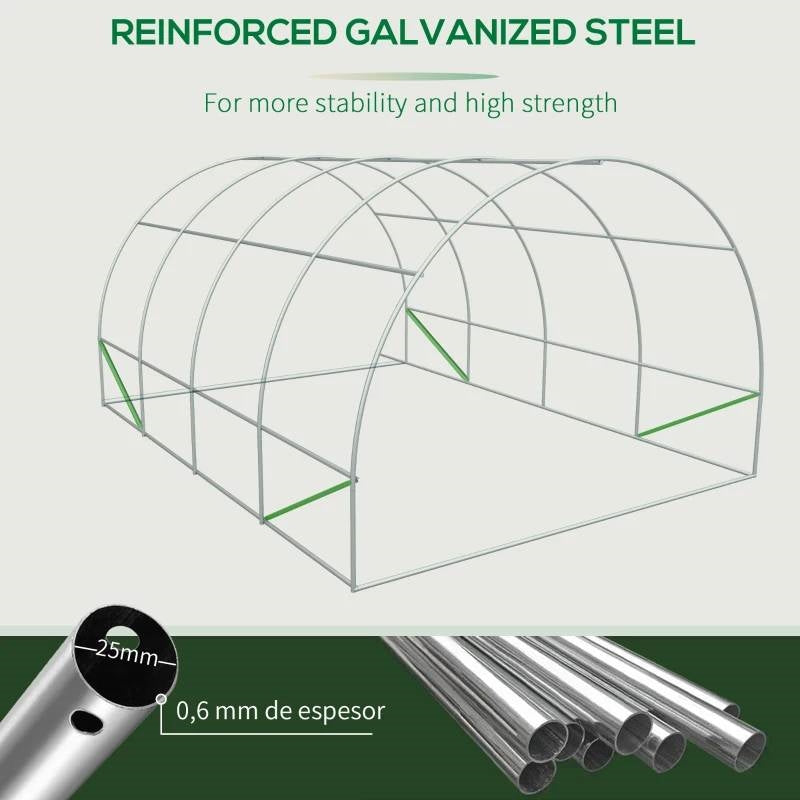 Diagram showing frame of 19.5 Ft x 9.8 Ft Outdoor Greenhouse w/ White PE Cover and Heavy Duty Steel Frame with reinforced galvanized steel.