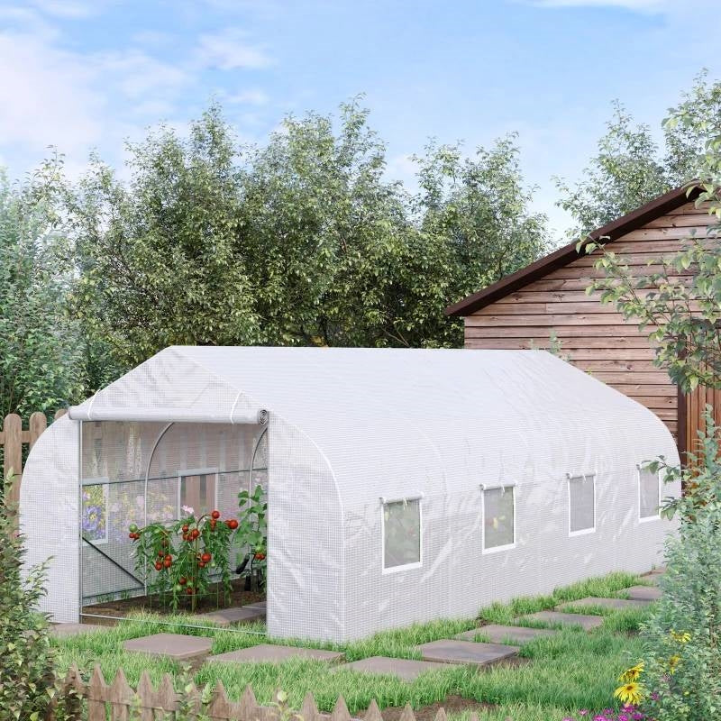 19.5 Ft x 9.8 Ft Outdoor Greenhouse w/ White PE Cover and Heavy Duty Steel Frame in garden setting