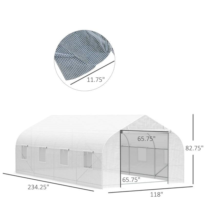 19.5 Ft x 9.8 Ft Outdoor Greenhouse w/ White PE Cover and Heavy Duty Steel Frame with dimensions and close-up of material detail.