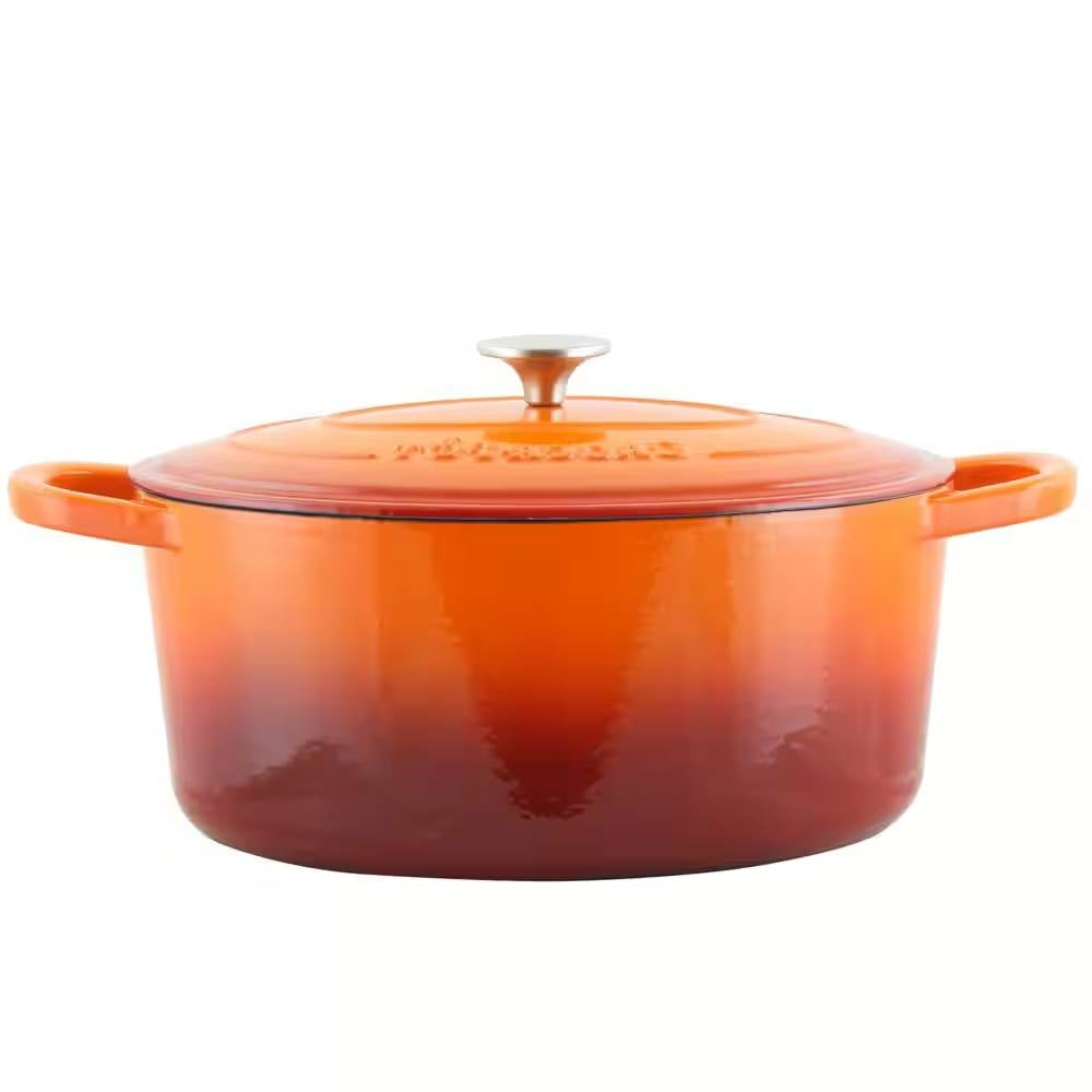 7-Quart Enameled Orange Sunburst Cast Iron Dutch Oven with Lid featuring oversized handles and stainless knobs.