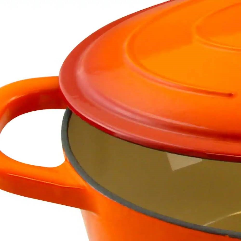 7-Quart Enameled Orange Sunburst Cast Iron Dutch Oven with Lid, featuring sturdy oversized handles and self-basting lid.