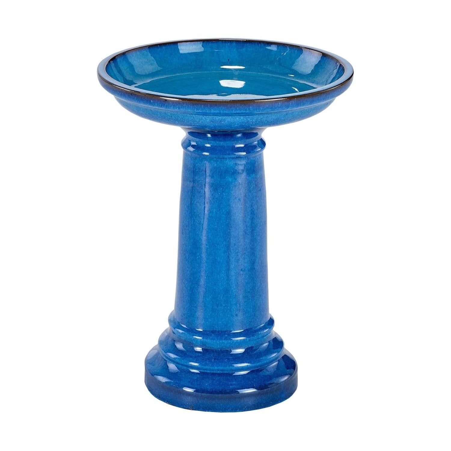 2 Gallon Blue Ceramic Traditional Outdoor Patio Garden Birdbath with elegant design and Blue Transitions glaze.