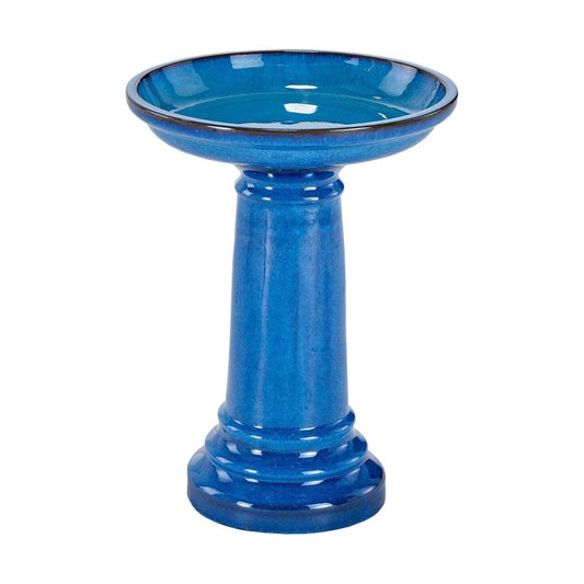 2 Gallon Blue Ceramic Traditional Outdoor Patio Garden Birdbath with elegant design and Blue Transitions glaze.