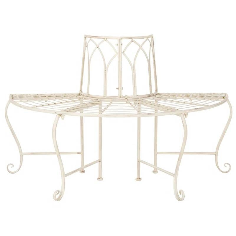 Half-Circle Outdoor Patio Garden Antique White Wrought Iron Tree Bench with scrollwork design