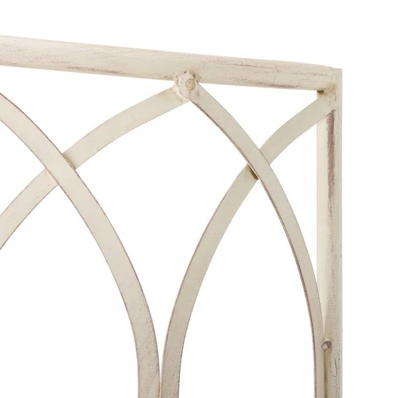 Detail view of Half-Circle Outdoor Patio Garden Antique White Wrought Iron Tree Bench scrollwork pattern.