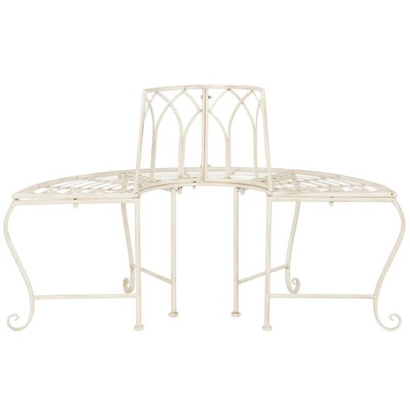 Half-Circle Outdoor Patio Garden Antique White Wrought Iron Tree Bench with scrollwork design