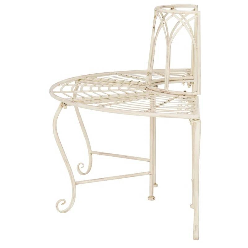 Half-Circle Outdoor Patio Garden Antique White Wrought Iron Tree Bench with curved design and intricate scrollwork