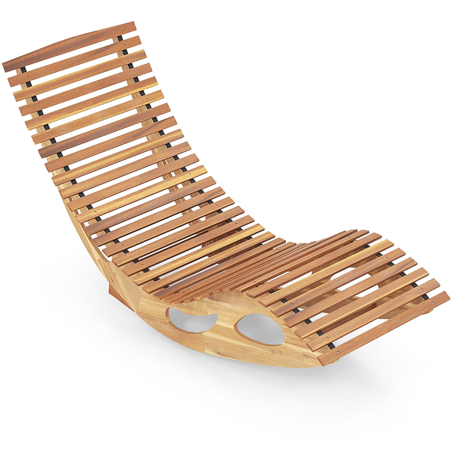 Acacia Wood Patio Rocking Sun Lounger Chaise Lounge with Ergonomic Curved Seat featuring a slatted design and gentle rocking motion.