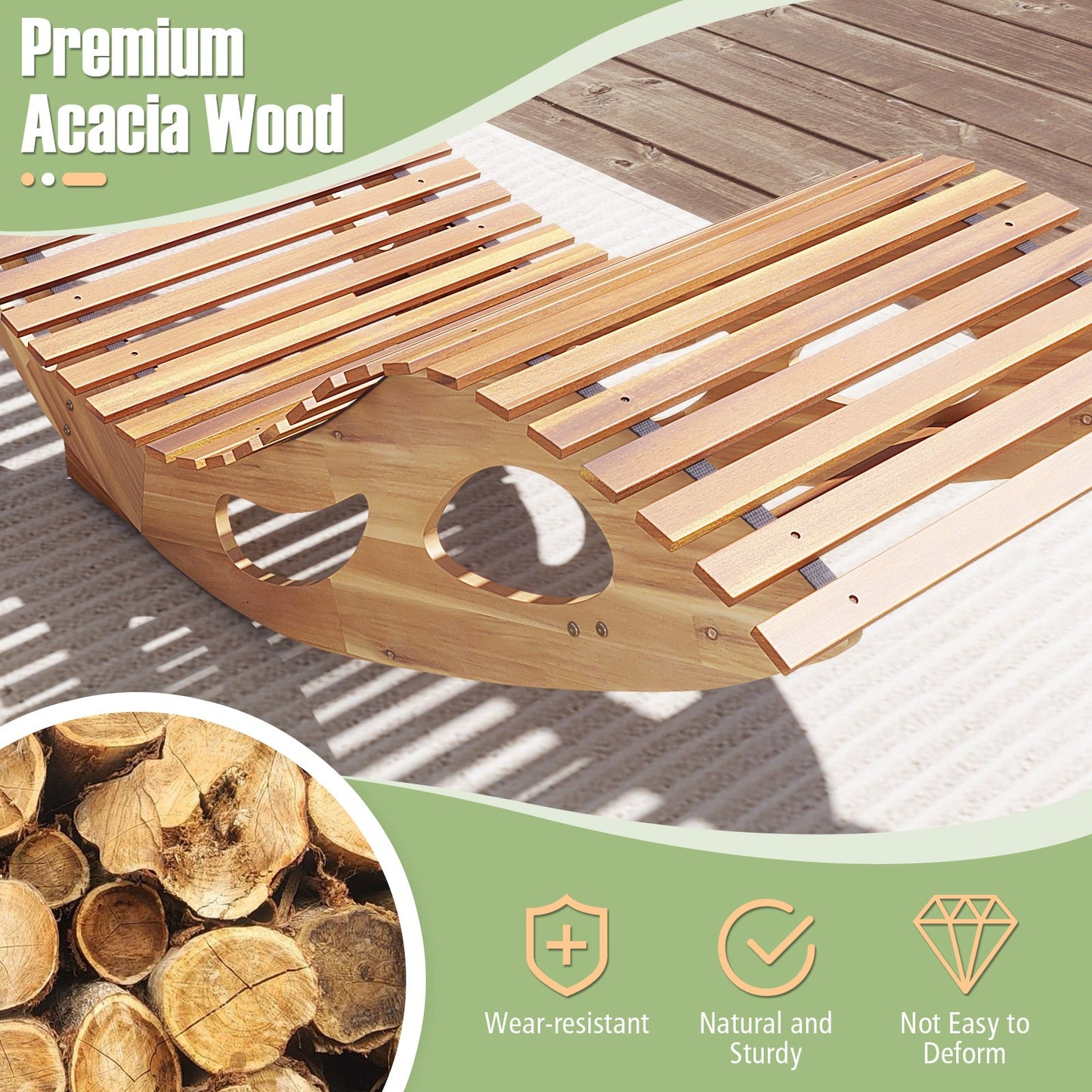 Premium Acacia Wood Patio Rocking Sun Lounger Chaise Lounge with Ergonomic Curved Seat