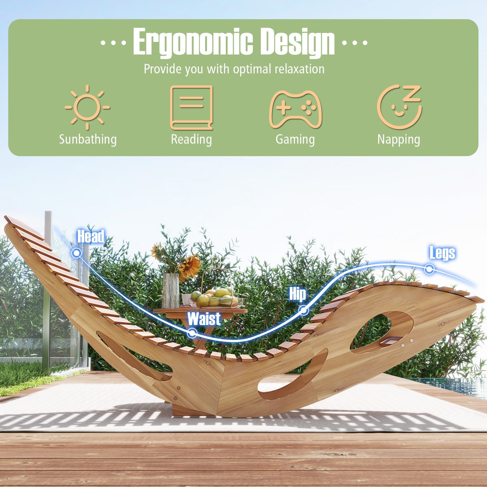 Acacia Wood Patio Rocking Sun Lounger Chaise Lounge with Ergonomic Curved Seat on a deck showcasing ergonomic design.