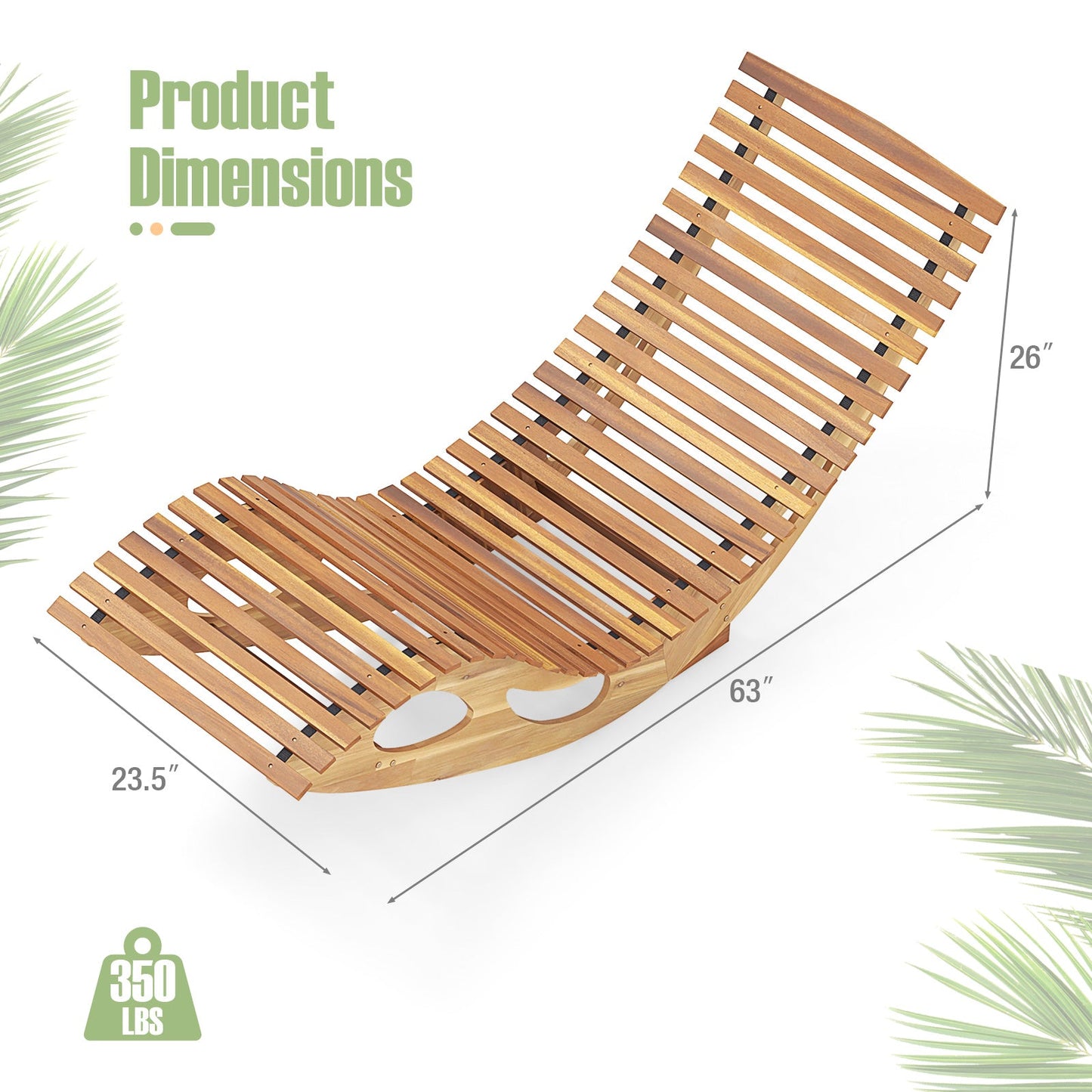 Dimensions of the Acacia Wood Patio Rocking Sun Lounger Chaise Lounge with Ergonomic Curved Seat, 63” x 26” x 23.5”, capacity 350 lbs.