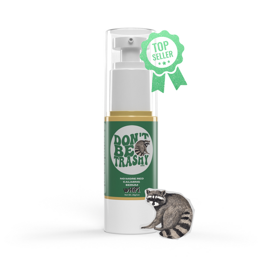 Don't Be Trashy No More Red Calming Serum with soothing ingredients for sensitive skin; top selling skincare product with raccoon logo.