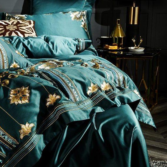 Edmund the Old Duvet Cover Set (Egyptian Cotton) in luxurious royal pattern on a bed for a contemporary bedroom look.