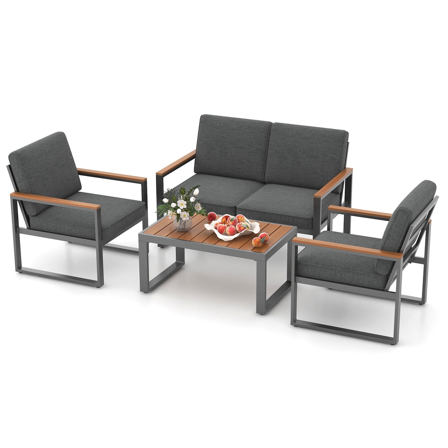 4 Piece Patio Aluminum Furniture Set with Armrests and Tabletop-Gray featuring loveseat, armchairs, and table with wood-plastic accents