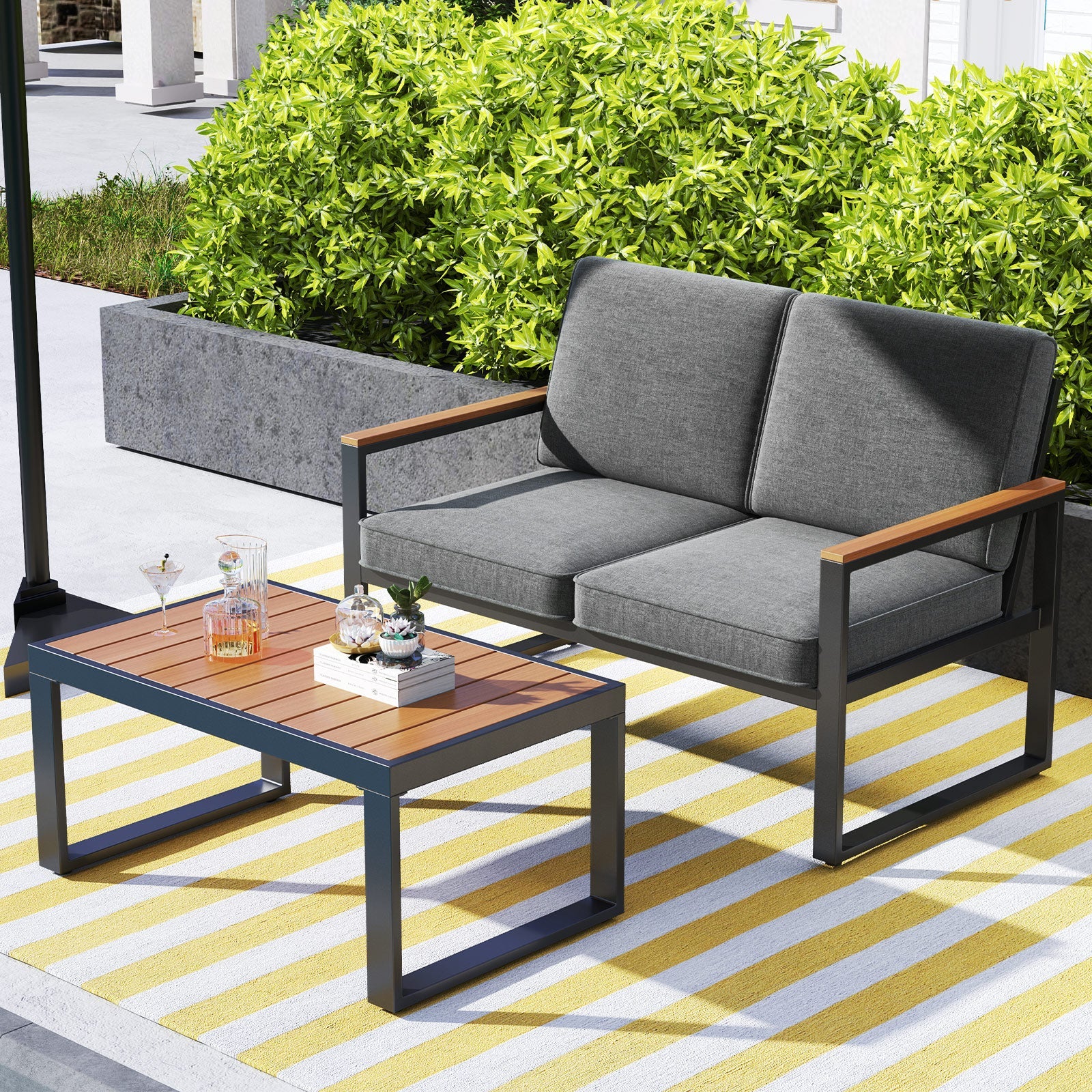 4 Piece Patio Aluminum Furniture Set with Armrests and Tabletop-Gray on striped rug outdoors