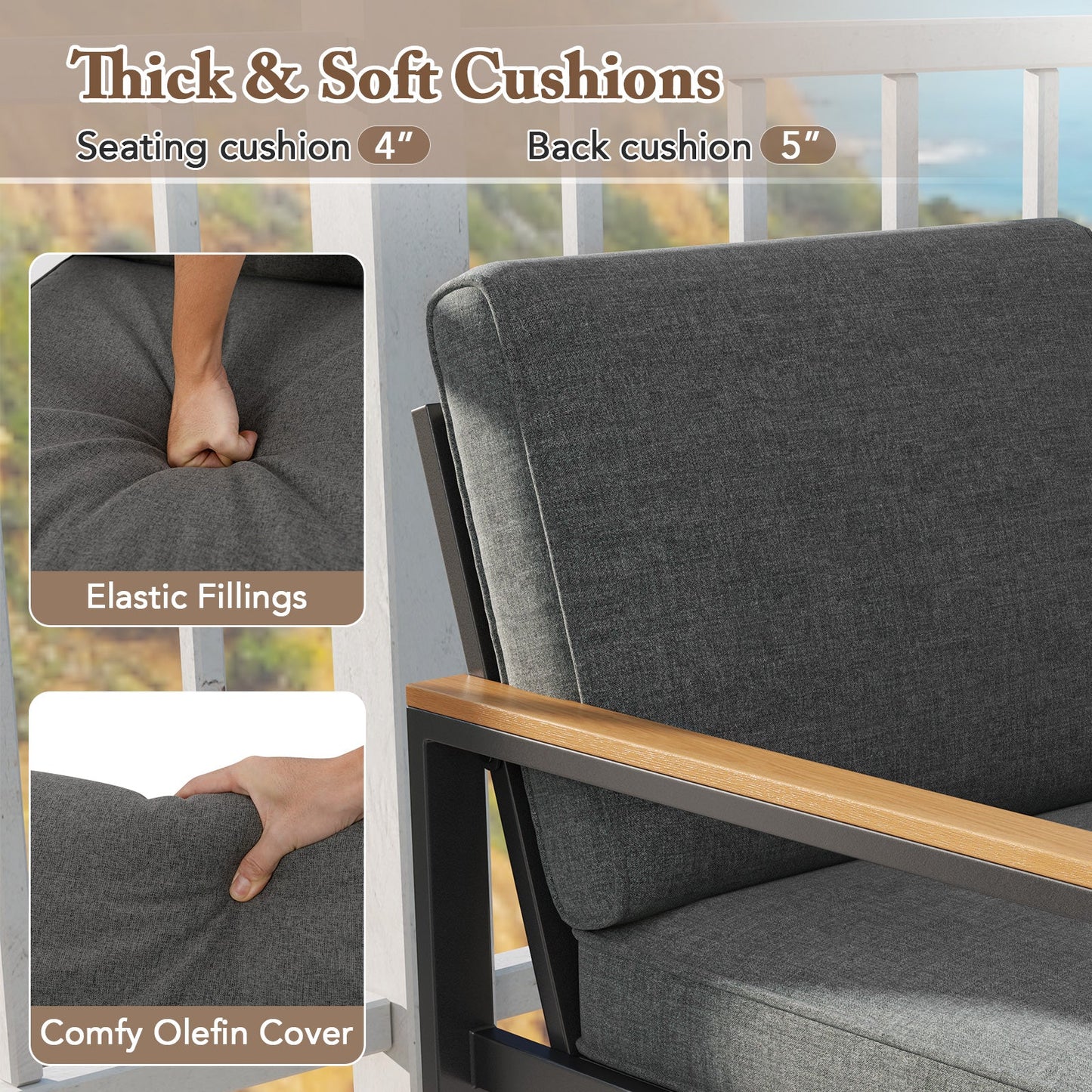 4 Piece Patio Aluminum Furniture Set with Armrests and Tabletop-Gray featuring thick cushions and comfy olefin covers