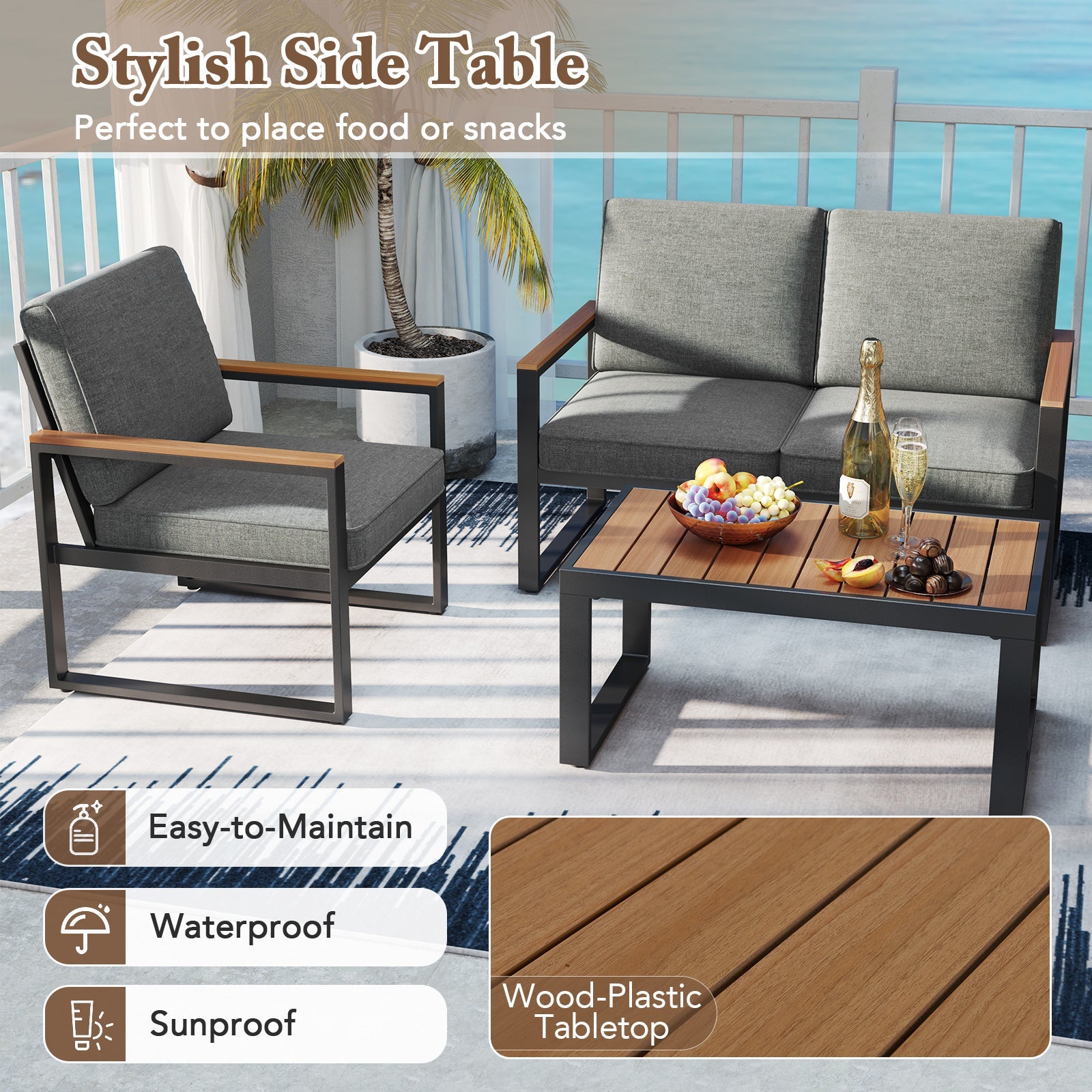 4 Piece Patio Aluminum Furniture Set with Armrests and Tabletop-Gray featuring chairs, loveseat, and wooden-plastic table on deck.