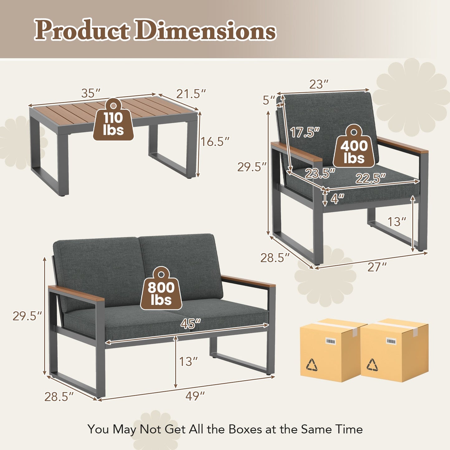 Dimensions of 4 Piece Patio Aluminum Furniture Set with Armrests and Tabletop-Gray, showing measurements and weight capacity for each piece.