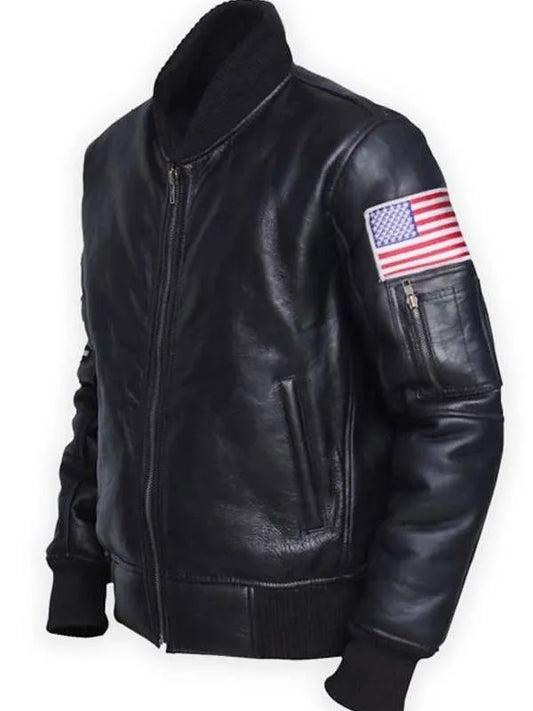 Men Sheepskin American Flag Bomber Black Leather Jacket