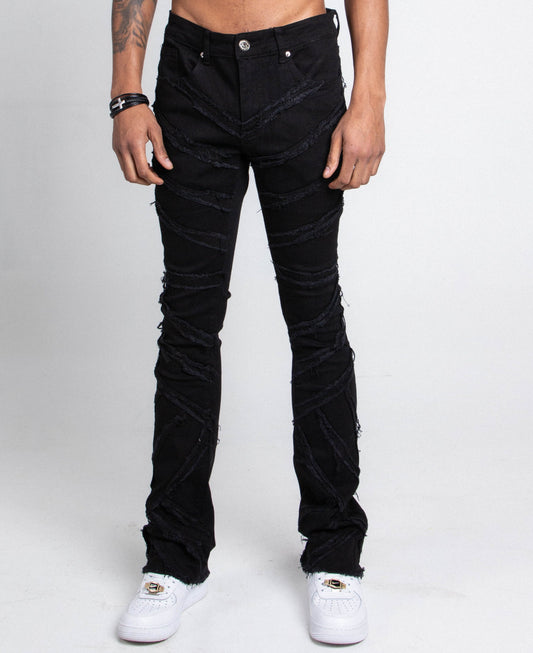 AS405 BLACK DISTRESSED STACKED JEANS with purple lace and grey wash design, showing mid-rise waist and five-pocket style.