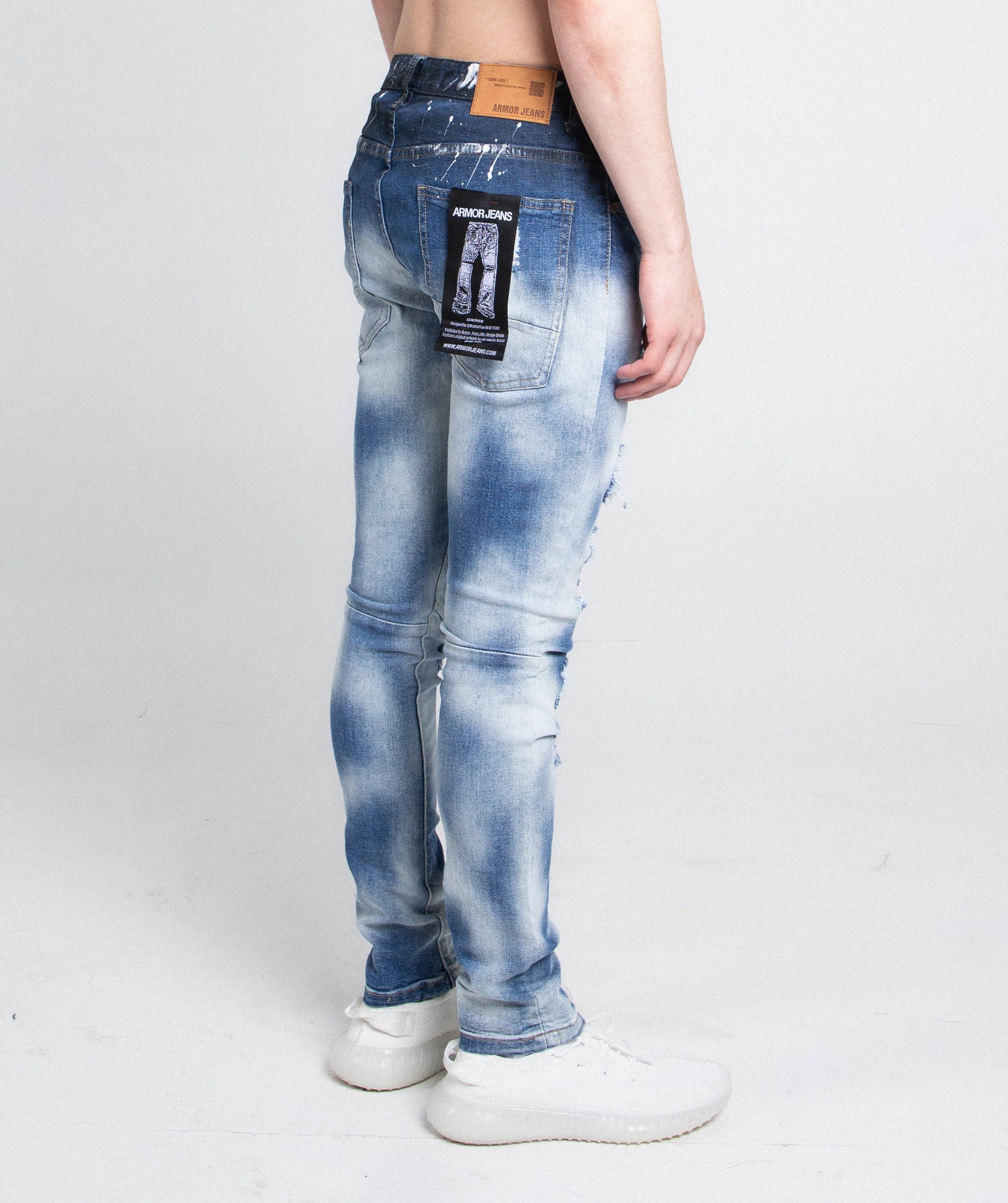 Back view of A404 CASUAL FADED WASH SKINNY JEANS, mid-rise stretchy denim with five-pocket design and skinny leg fit.