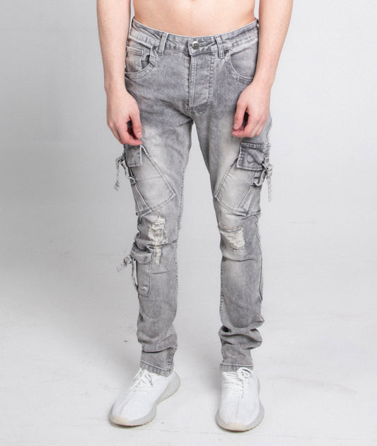 A408 CARGO POCKETS GREY SKINNY jeans with mid-rise waist, ripped slim leg design, five pockets, belt loops, zipper fly, button fastening.