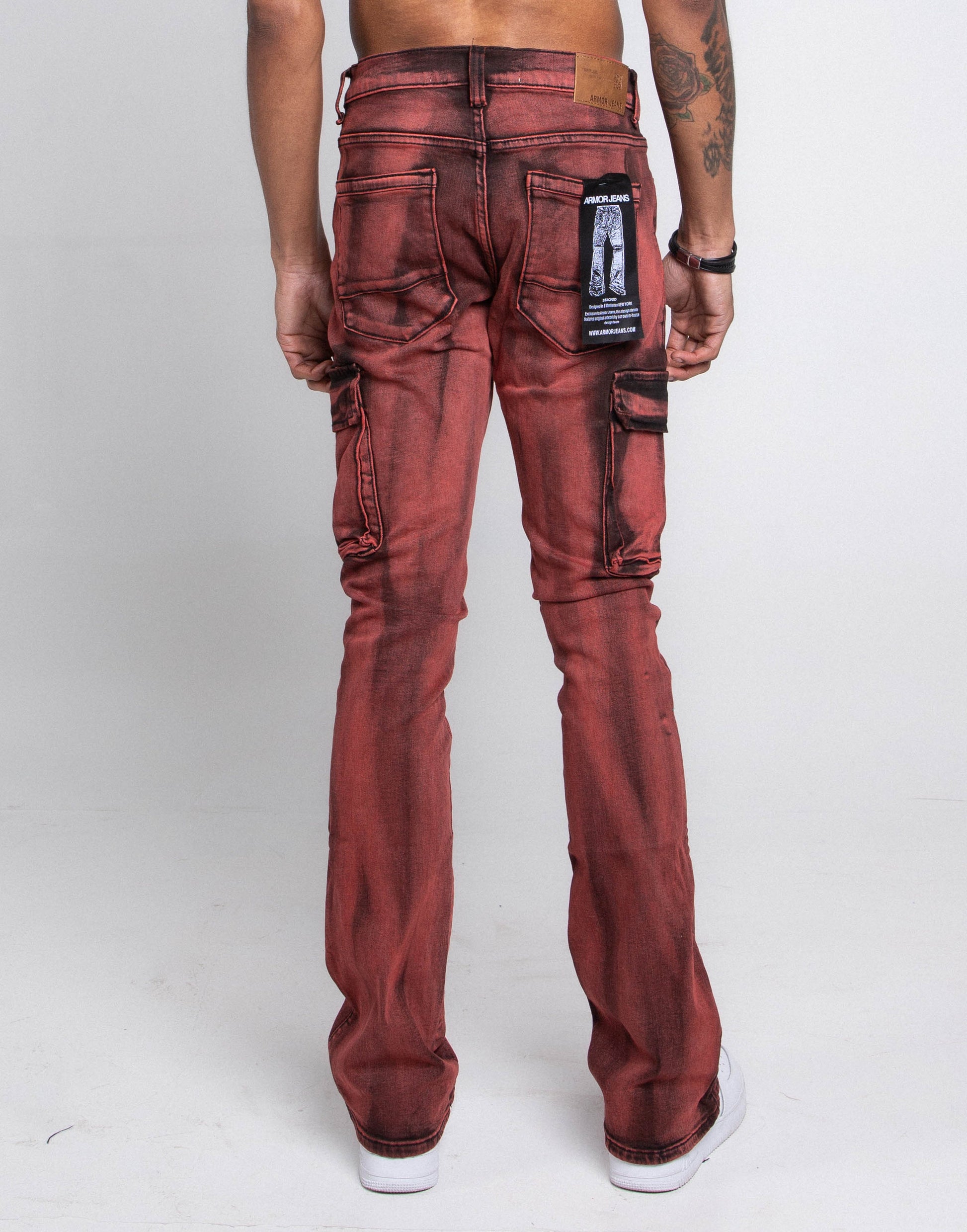 Back view of red wash stacked cargo jeans with cargo pockets and stretch fabric