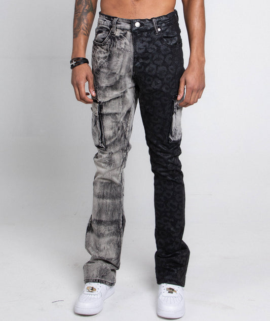 AJ33SK-2 BLACK LACE STACKED JEANS with purple lace and grey wash, mid-rise, stretchy, five-pocket design, shown on model.