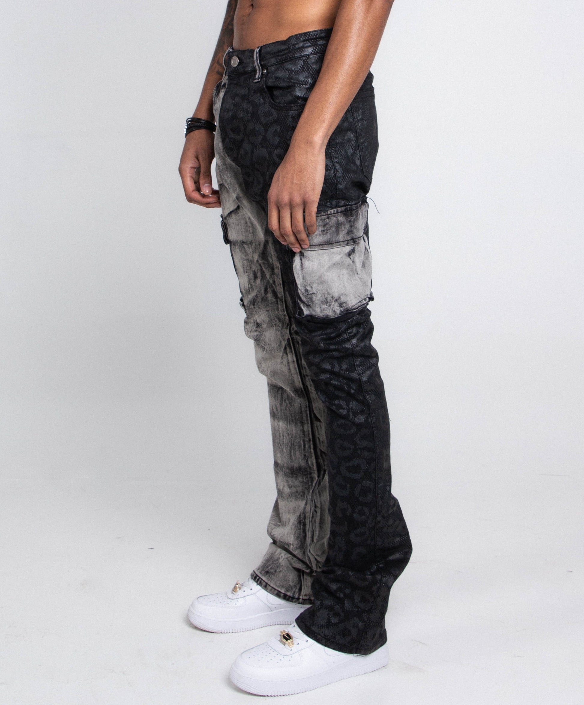 Side view of AJ33SK-2 BLACK LACE STACKED JEANS with purple lace and grey wash, mid-rise waist, and five-pocket design.