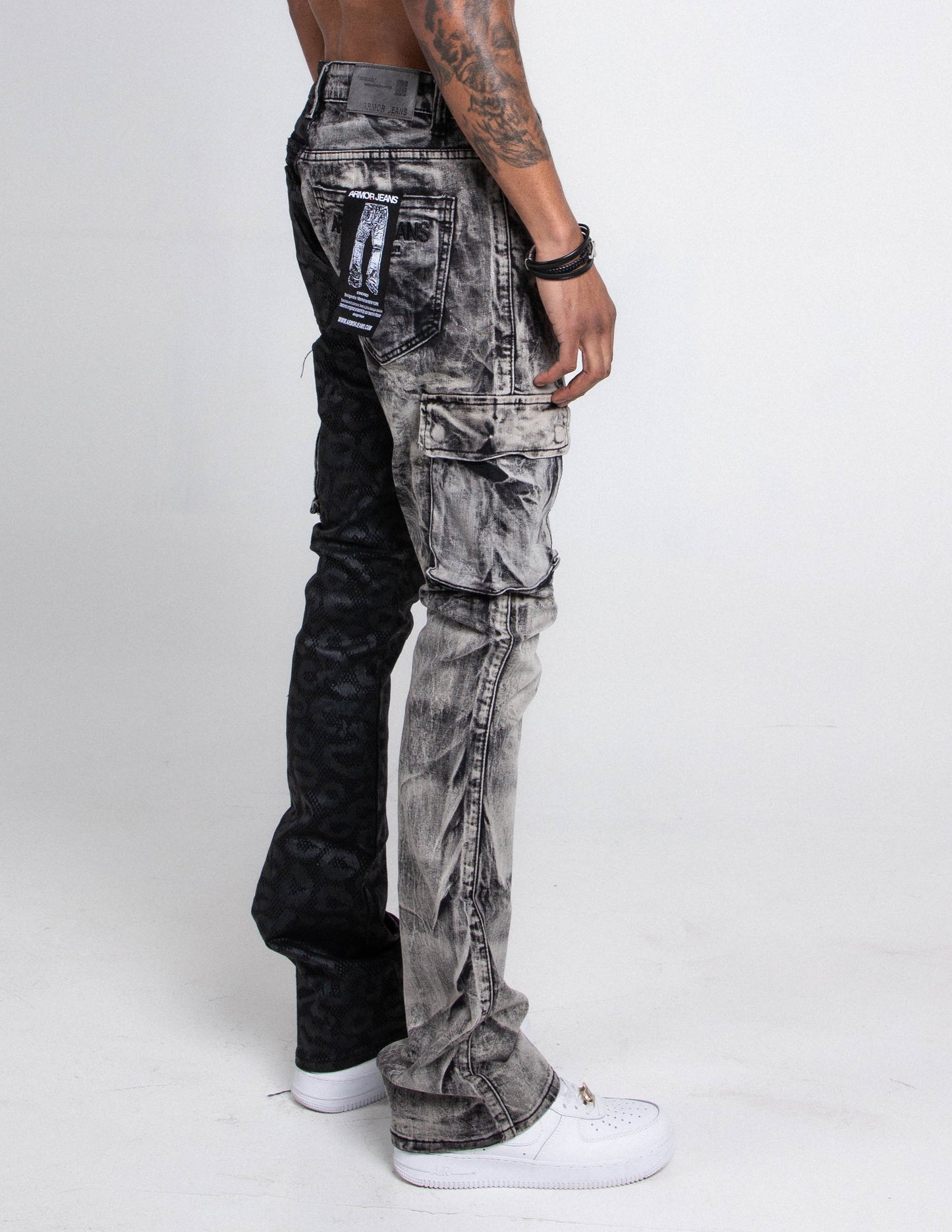 AJ33SK-2 BLACK LACE STACKED JEANS with purple lace and grey wash, mid-rise, stretchy denim, five-pocket design, featuring a model.