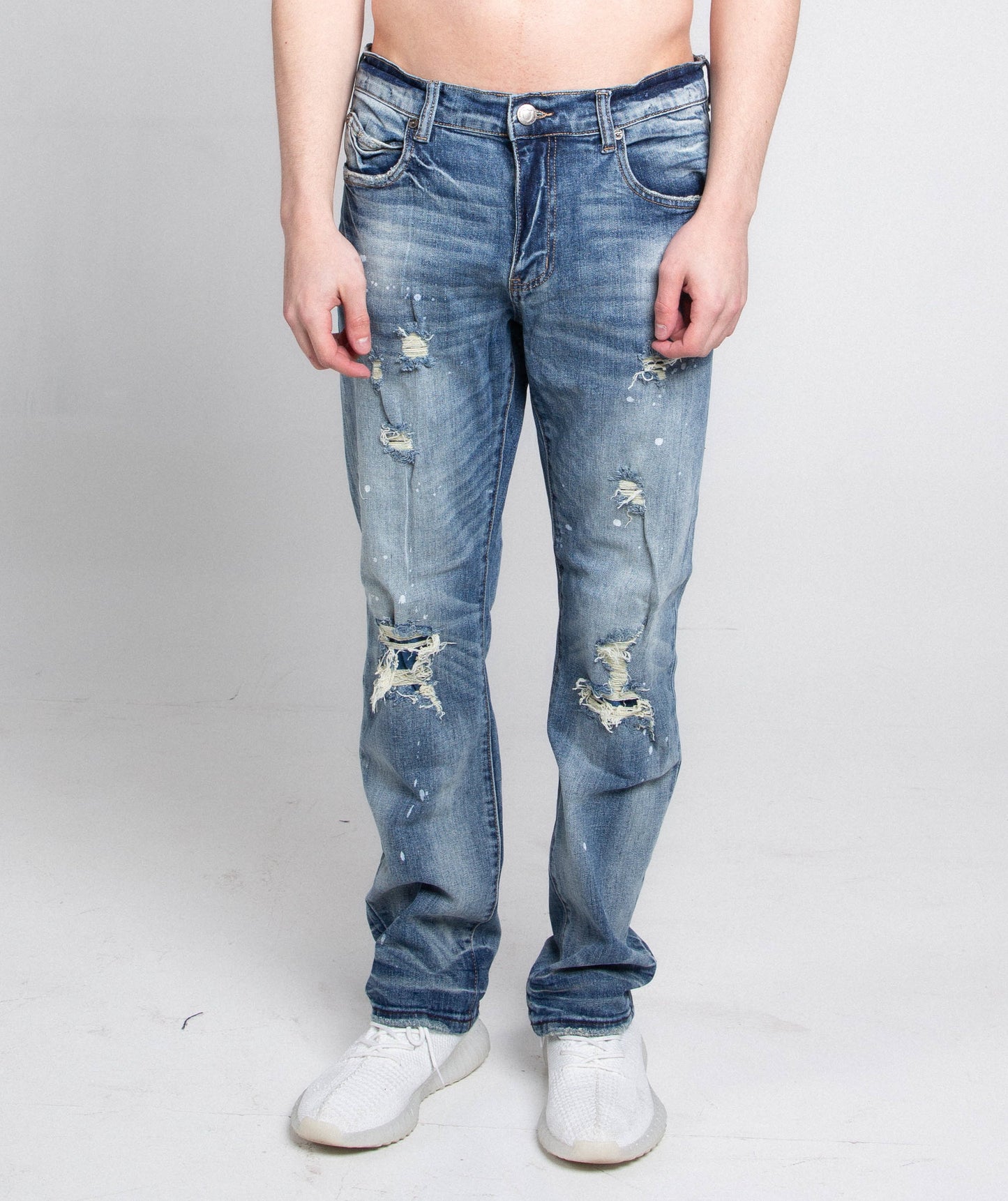 AJ05C CASUAL SKINNY DISTRESSED JEANS with mid rise waist, stretchy fabric, five pockets, and a stylish distressed look.